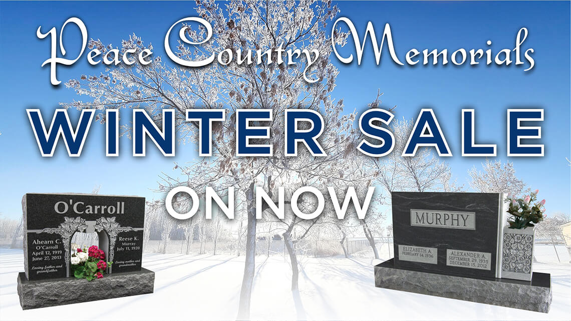 Image of snowy field with tree backlit by sun with stone memorials on each side. Text stating Peace Country memorials, Winter Sale On Now